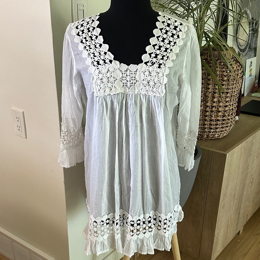 White Crochet Trim Cover-Up Tunic Women's Top XL